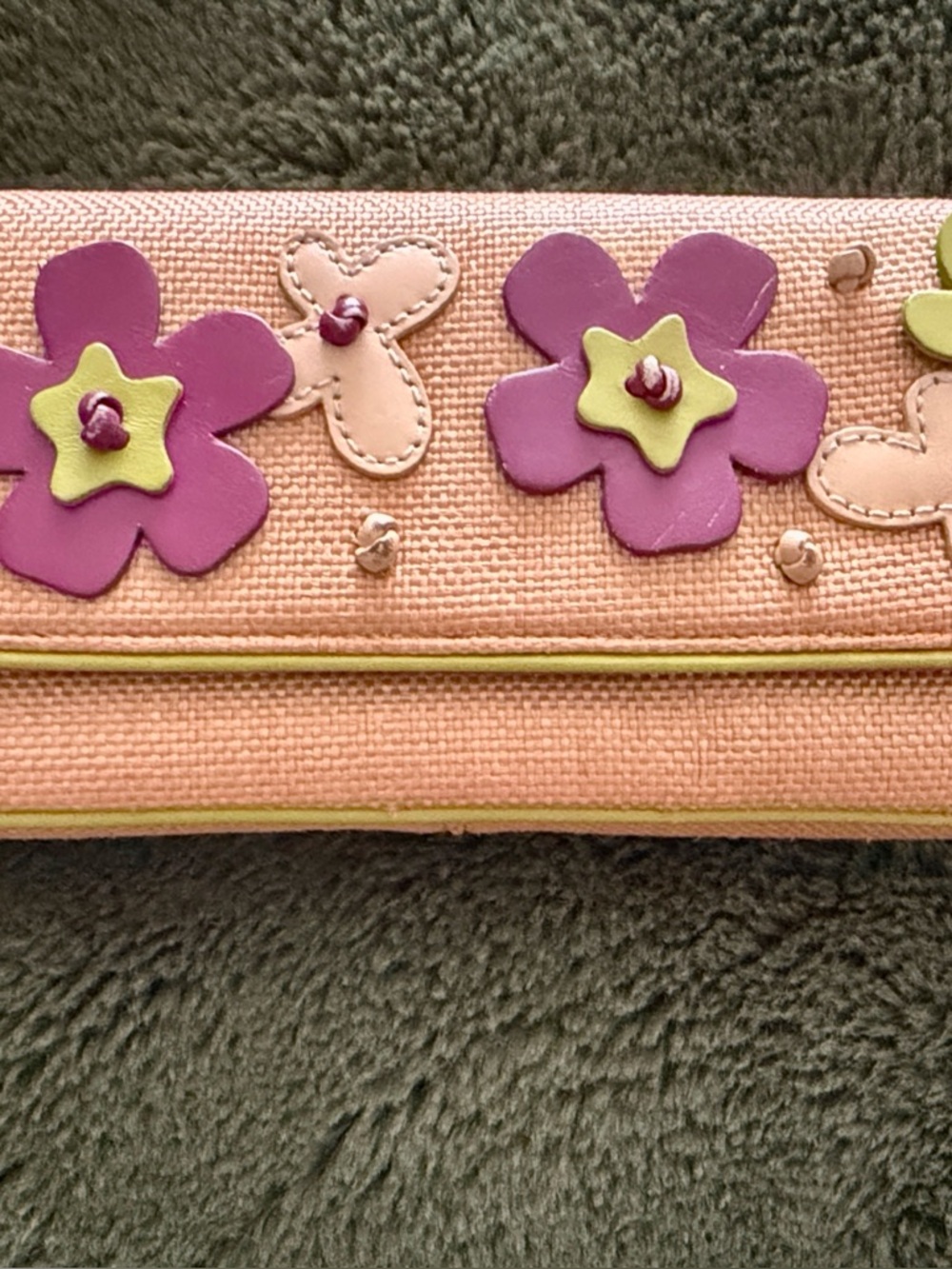Floral Appliqué Woven Wallet - Tan with Purple & Green Accents